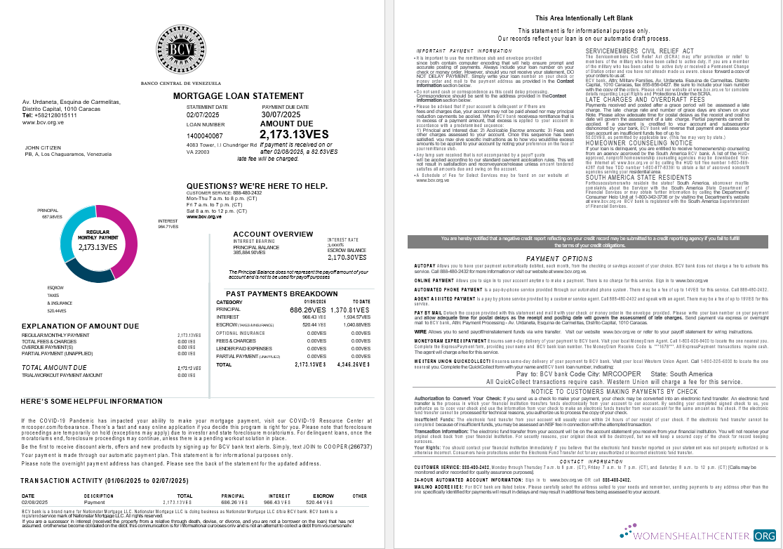 Venezuela Banco Central de Venezuela bank mortgage loan statement in Word and PDF formats , 4 pages 1 2